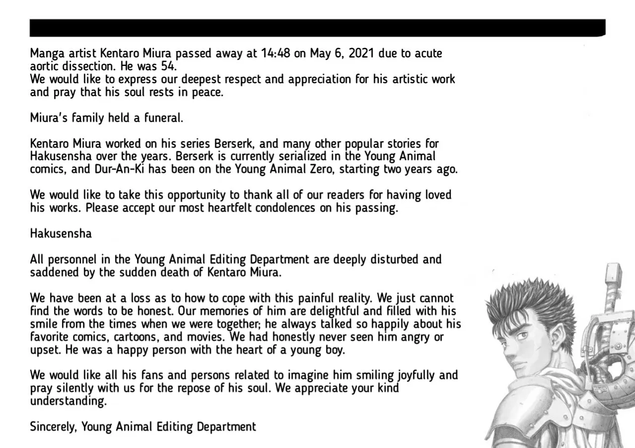 Para Kreator Konten dan Lainnya Menyampaikan Belasungkawa atas Meninggalnya Kreator Manga Berserk, Kentarou Miura